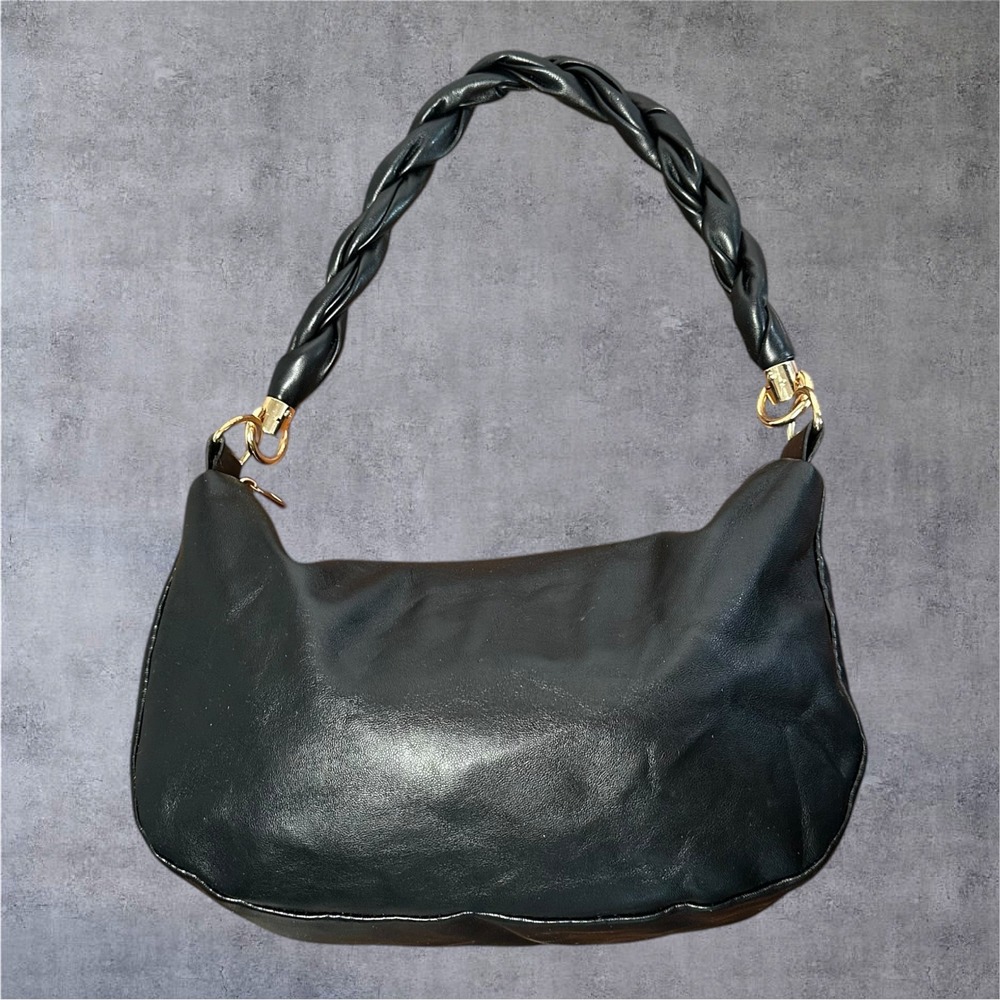 Crossi Hobo Bag Womens Medium Black Braided Strap Gold Hardware‎